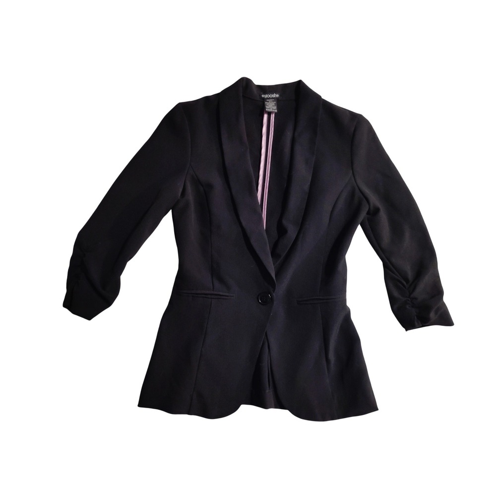 Stoosh Womens Black Ruched 3/4 Sleeve Single Button Blazer Jacket Size Small‎